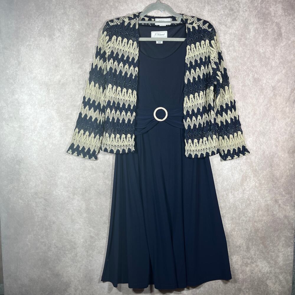 J Howard Blazer Jacket Dress Set Womens 8 Navy Blue Business Career Stretch Work